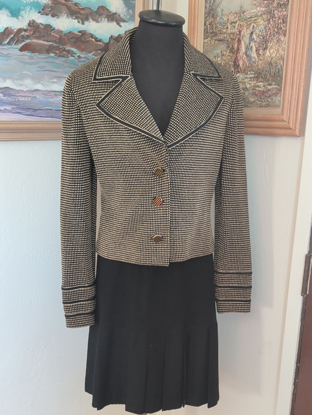 St. John Black and Gold Cropped Blazer with Contrast Trim And Skirt Set